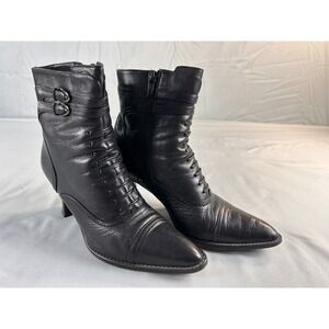 Via Spiga Women Ankle Boots US 6.5 M Black Leather Buckle Zip Heeled Pointed